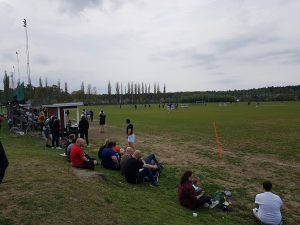Många människor sittandes på gräs och läktare tittar på en rugbymatch.